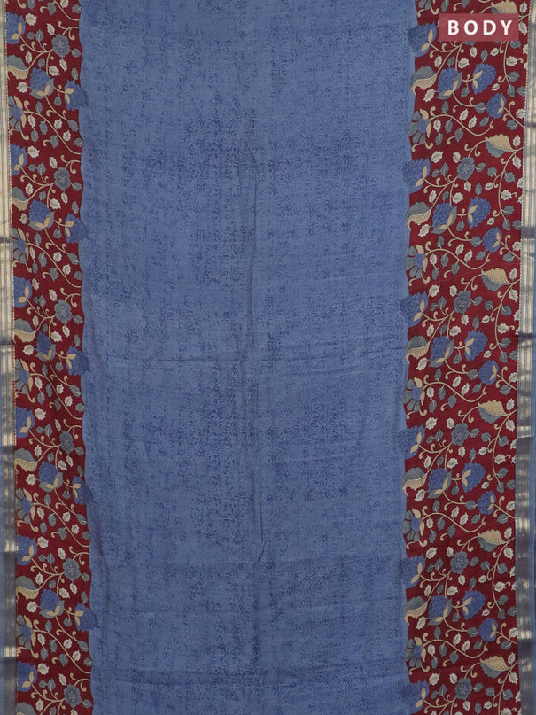 Muslin silk saree bluish grey and maroon with prints and long kalamkari printed zari border