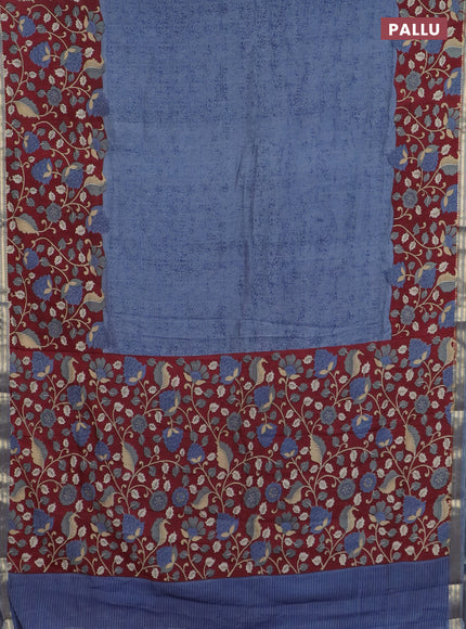Muslin silk saree bluish grey and maroon with prints and long kalamkari printed zari border