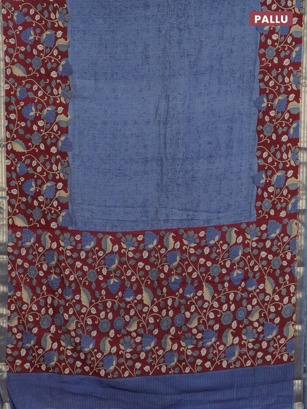 Muslin silk saree bluish grey and maroon with prints and long kalamkari printed zari border