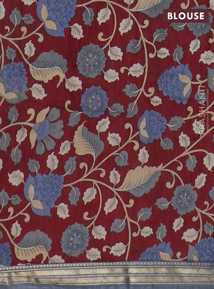 Muslin silk saree bluish grey and maroon with prints and long kalamkari printed zari border