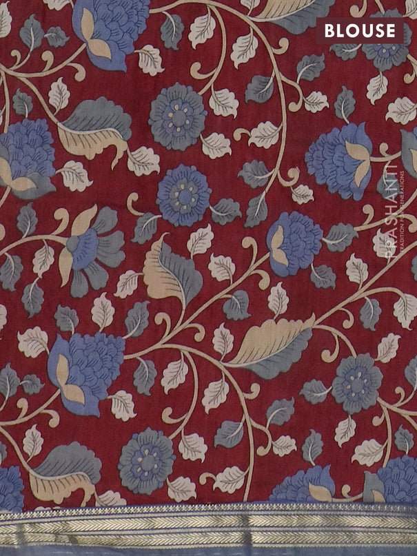 Muslin silk saree bluish grey and maroon with prints and long kalamkari printed zari border