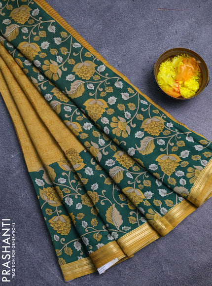 Muslin silk saree mustard yellow and green with prints and long kalamkari printed zari border