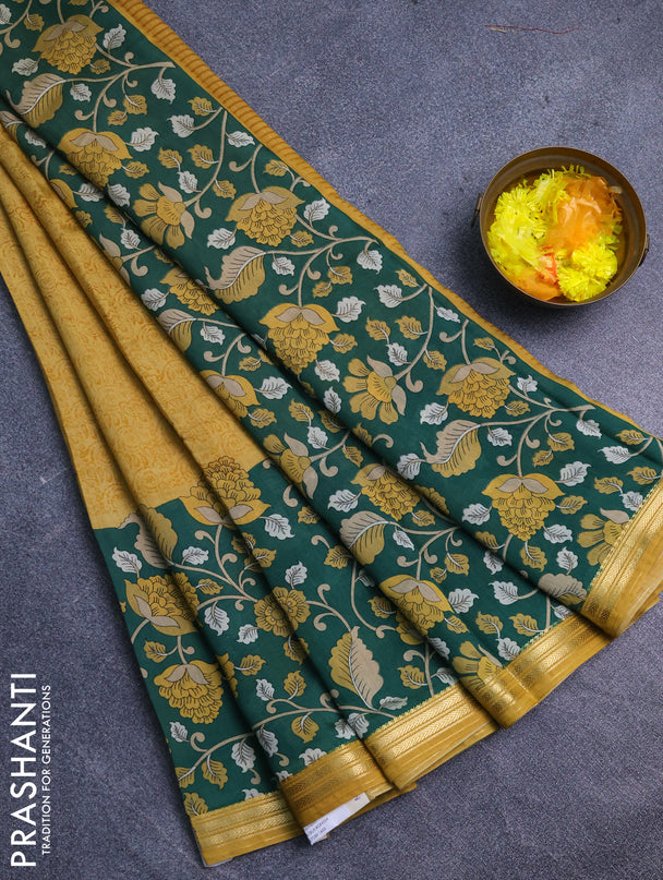 Muslin silk saree mustard yellow and green with prints and long kalamkari printed zari border