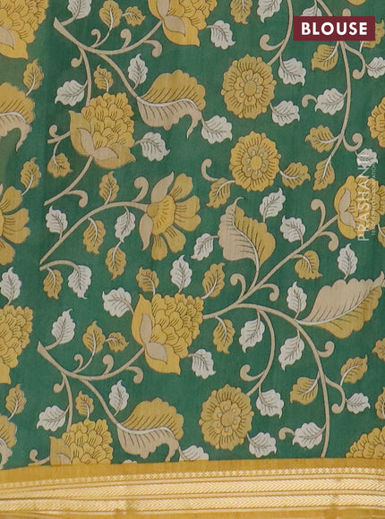 Muslin silk saree mustard yellow and green with prints and long kalamkari printed zari border