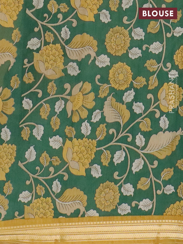 Muslin silk saree mustard yellow and green with prints and long kalamkari printed zari border