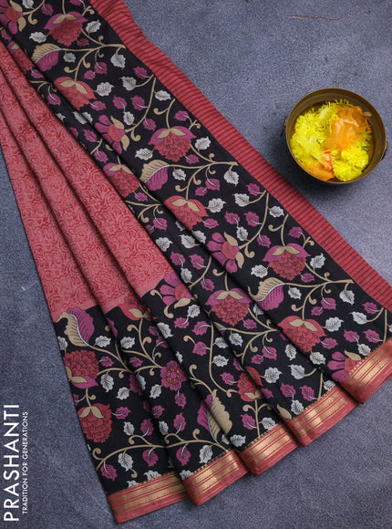 Muslin silk saree dark peach and black with prints and long kalamkari printed zari border