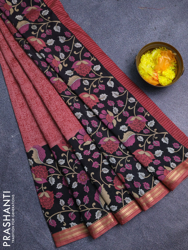 Muslin silk saree dark peach and black with prints and long kalamkari printed zari border