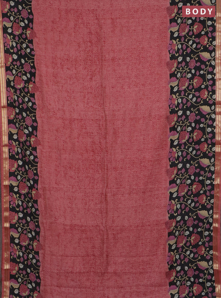 Muslin silk saree dark peach and black with prints and long kalamkari printed zari border