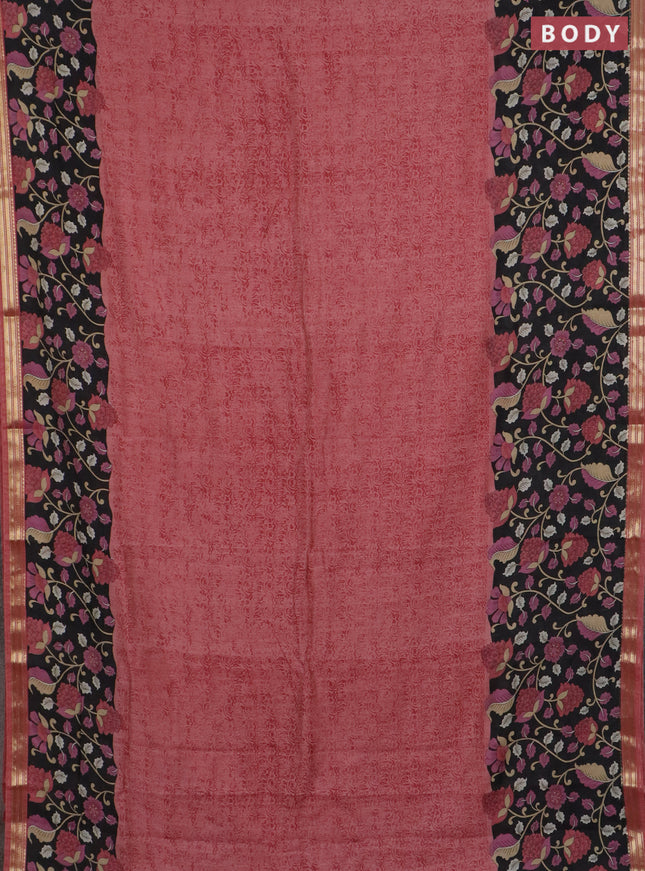 Muslin silk saree dark peach and black with prints and long kalamkari printed zari border
