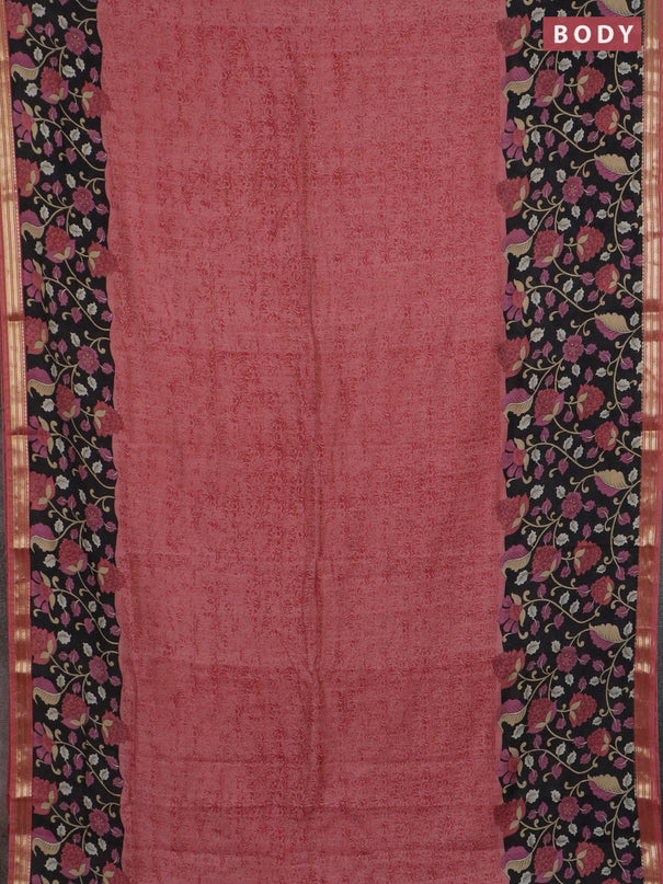 Muslin silk saree dark peach and black with prints and long kalamkari printed zari border