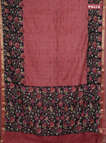 Muslin silk saree dark peach and black with prints and long kalamkari printed zari border
