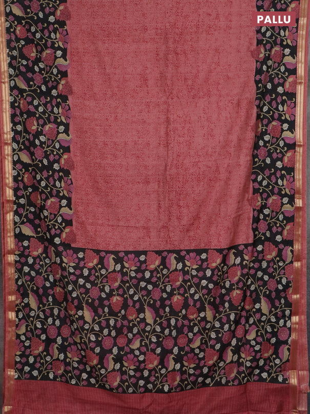 Muslin silk saree dark peach and black with prints and long kalamkari printed zari border