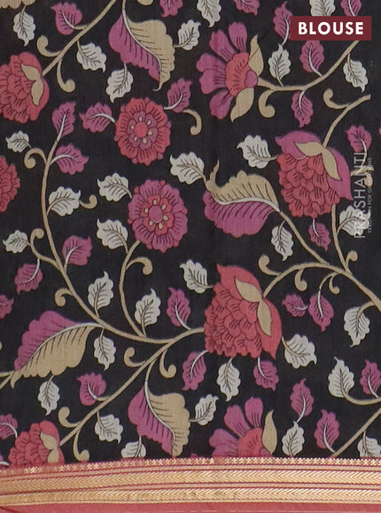 Muslin silk saree dark peach and black with prints and long kalamkari printed zari border