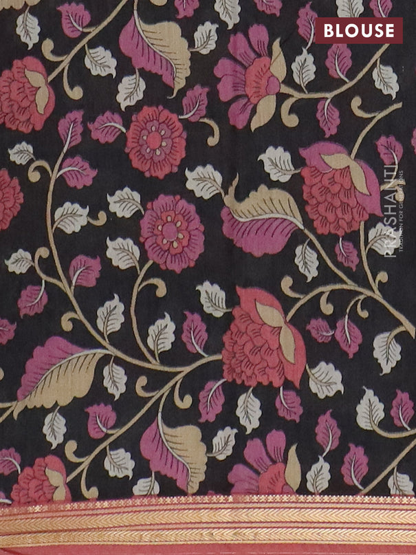 Muslin silk saree dark peach and black with prints and long kalamkari printed zari border