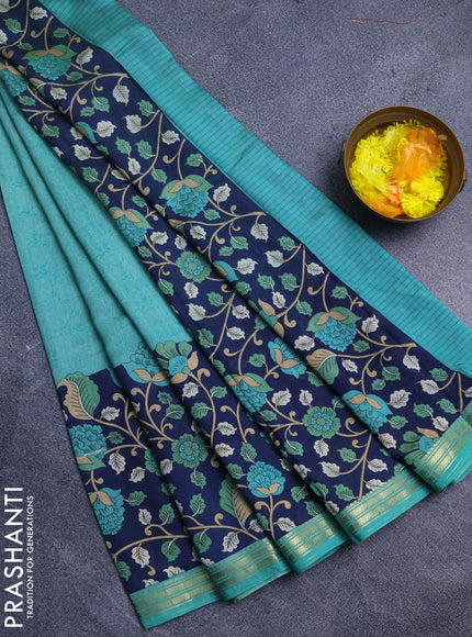 Muslin silk saree teal green and navy blue with prints and long kalamkari printed zari border