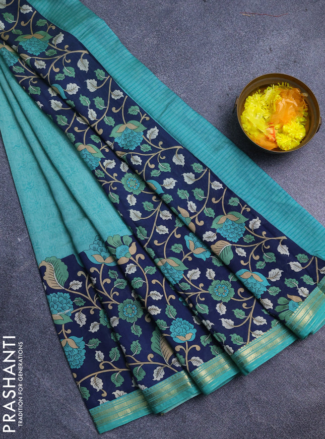 Muslin silk saree teal green and navy blue with prints and long kalamkari printed zari border