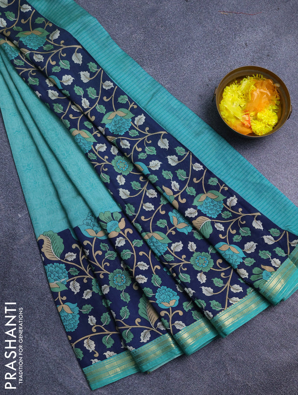 Muslin silk saree teal green and navy blue with prints and long kalamkari printed zari border