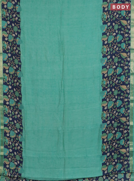 Muslin silk saree teal green and navy blue with prints and long kalamkari printed zari border