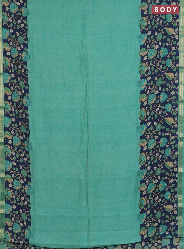 Muslin silk saree teal green and navy blue with prints and long kalamkari printed zari border