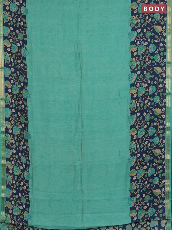 Muslin silk saree teal green and navy blue with prints and long kalamkari printed zari border