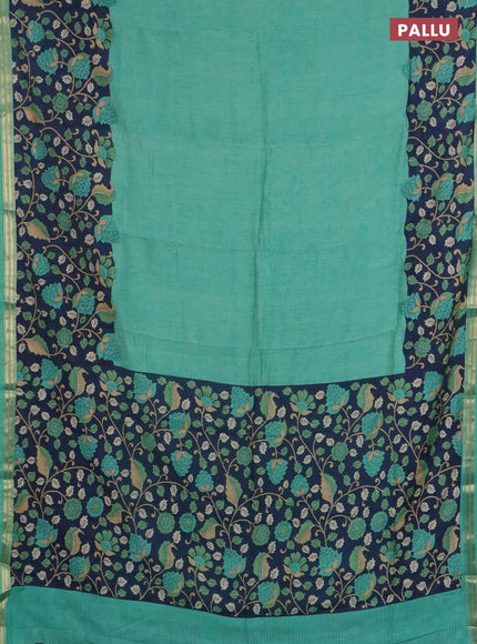 Muslin silk saree teal green and navy blue with prints and long kalamkari printed zari border