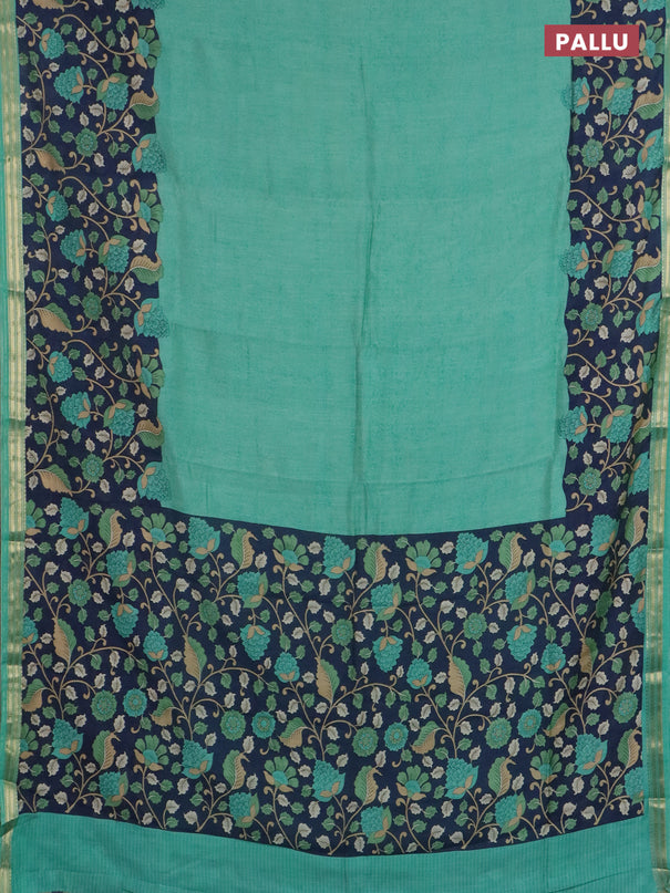 Muslin silk saree teal green and navy blue with prints and long kalamkari printed zari border