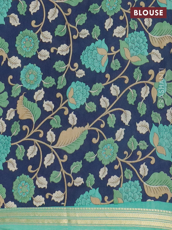 Muslin silk saree teal green and navy blue with prints and long kalamkari printed zari border