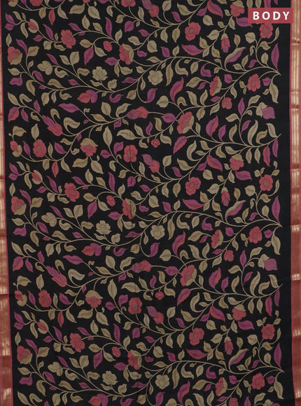 Muslin silk saree black and peach shade with allover prints and zari woven border