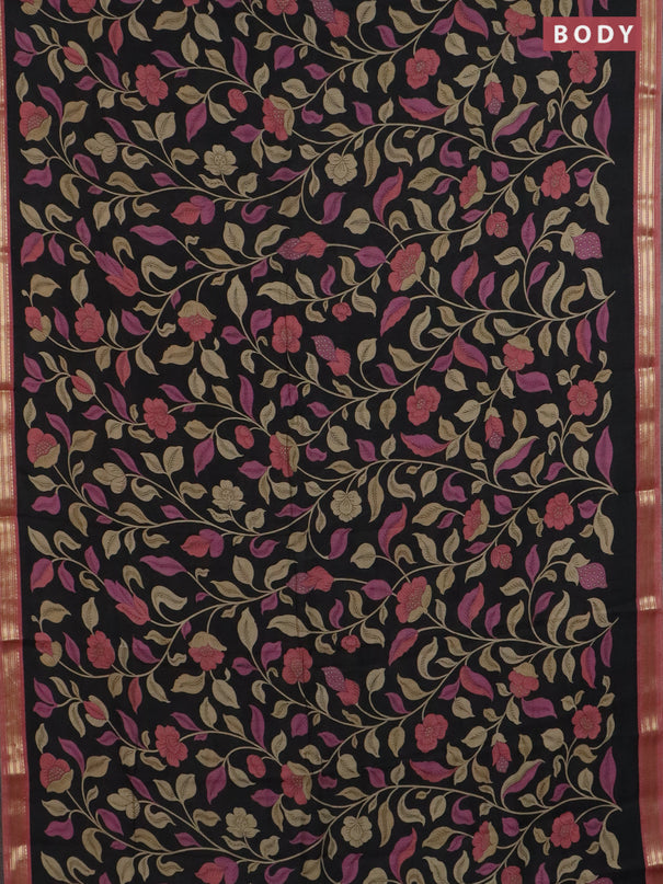 Muslin silk saree black and peach shade with allover prints and zari woven border