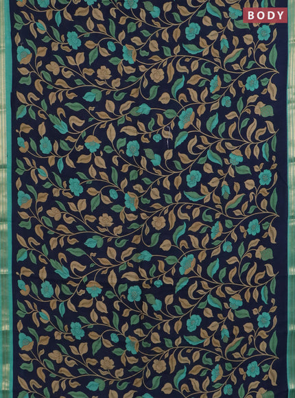 Muslin silk saree navy blue and teal green with allover prints and zari woven border