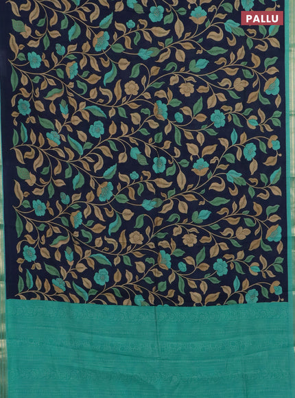 Muslin silk saree navy blue and teal green with allover prints and zari woven border