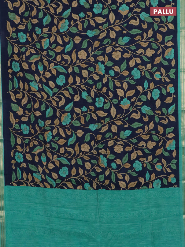 Muslin silk saree navy blue and teal green with allover prints and zari woven border
