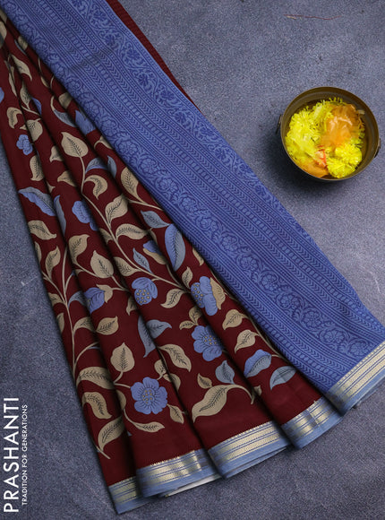 Muslin silk saree maroon and grey with allover prints and zari woven border
