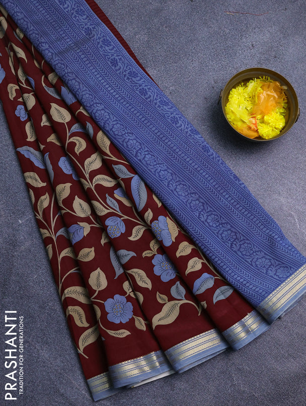 Muslin silk saree maroon and grey with allover prints and zari woven border
