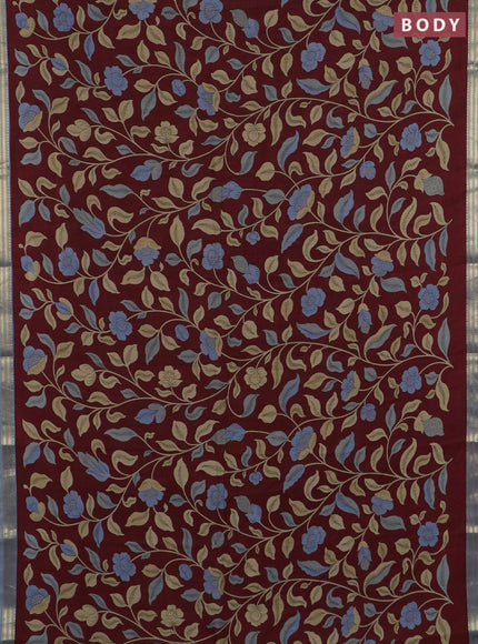 Muslin silk saree maroon and grey with allover prints and zari woven border
