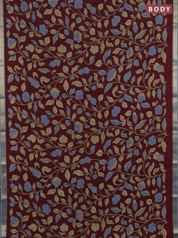 Muslin silk saree maroon and grey with allover prints and zari woven border