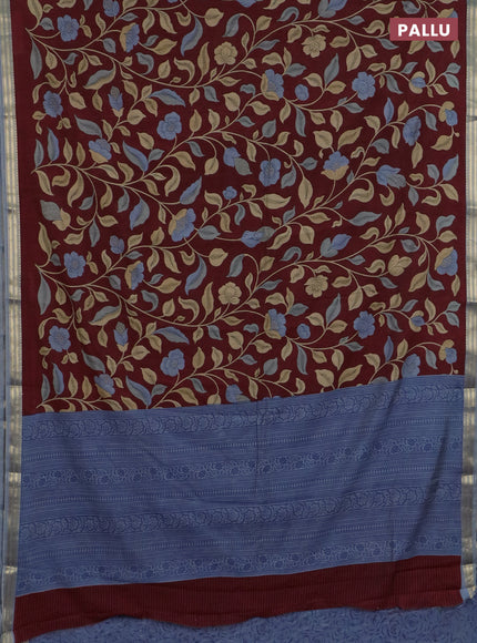 Muslin silk saree maroon and grey with allover prints and zari woven border