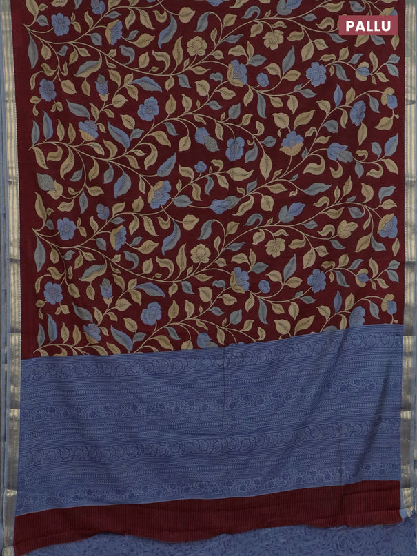 Muslin silk saree maroon and grey with allover prints and zari woven border