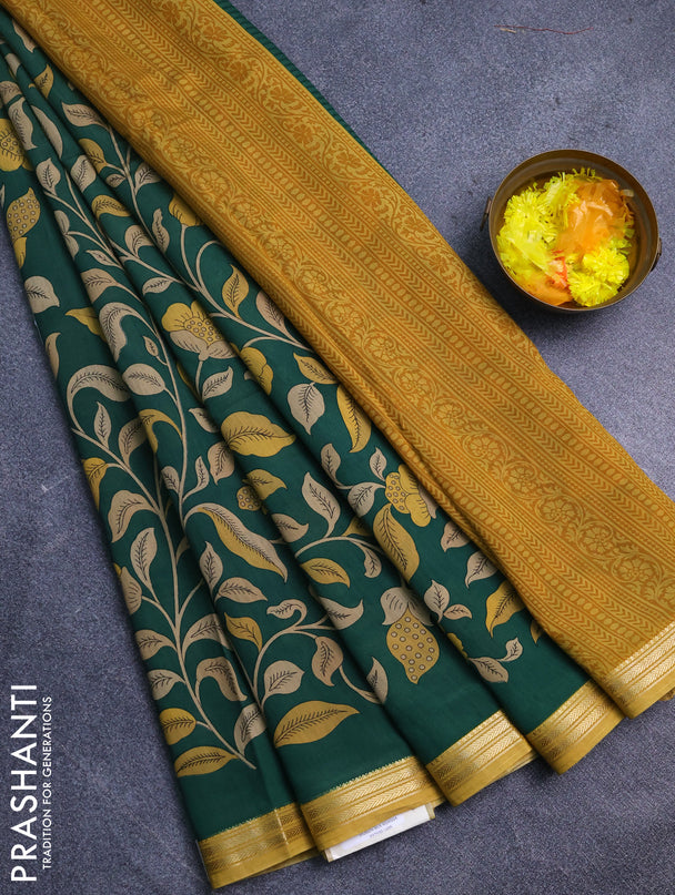 Muslin silk saree green and mustard yellow with allover prints and zari woven border