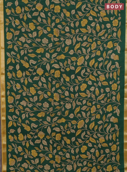 Muslin silk saree green and mustard yellow with allover prints and zari woven border