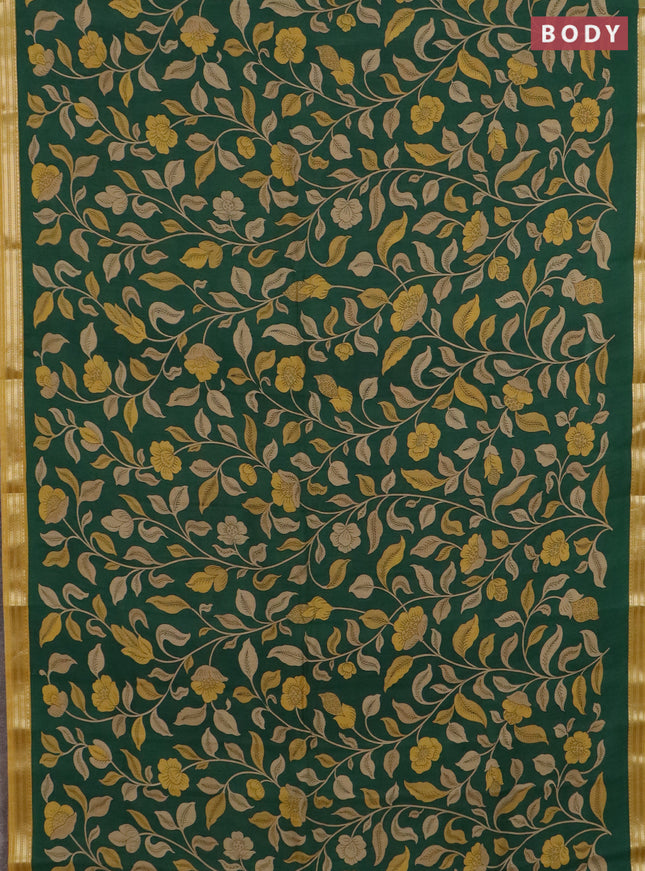 Muslin silk saree green and mustard yellow with allover prints and zari woven border