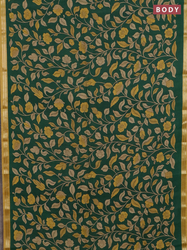 Muslin silk saree green and mustard yellow with allover prints and zari woven border