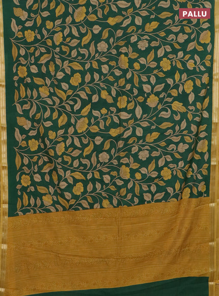 Muslin silk saree green and mustard yellow with allover prints and zari woven border