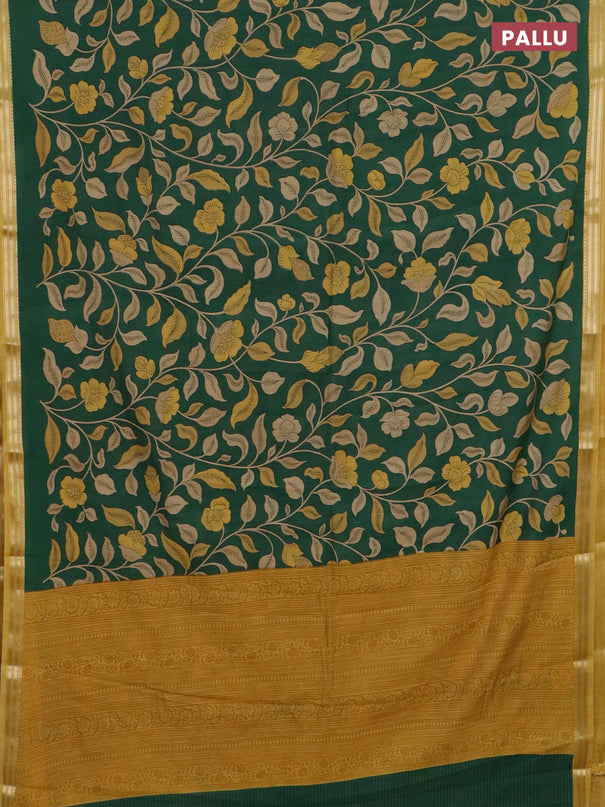 Muslin silk saree green and mustard yellow with allover prints and zari woven border