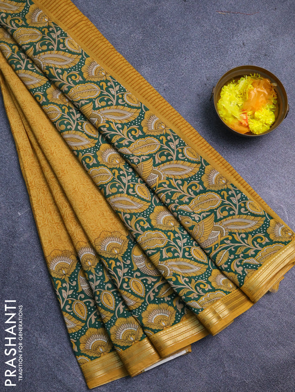 Muslin silk saree mustard yellow and green with prints and long kalamkari printed zari border