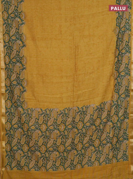 Muslin silk saree mustard yellow and green with prints and long kalamkari printed zari border