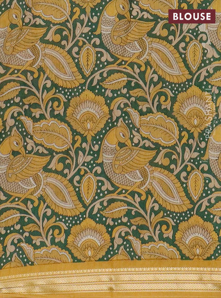 Muslin silk saree mustard yellow and green with prints and long kalamkari printed zari border