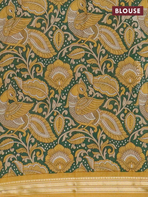 Muslin silk saree mustard yellow and green with prints and long kalamkari printed zari border