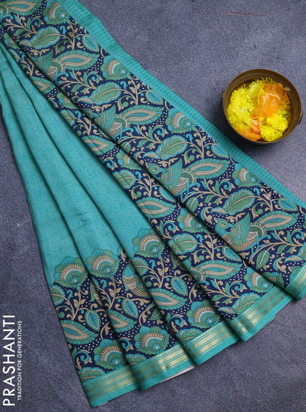 Muslin silk saree teal green and navy blue with prints and long kalamkari printed zari border