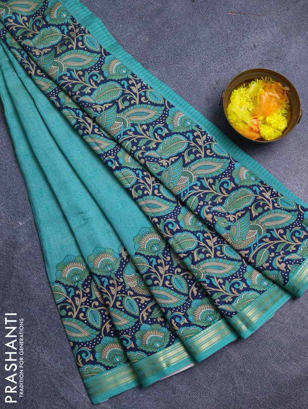 Muslin silk saree teal green and navy blue with prints and long kalamkari printed zari border